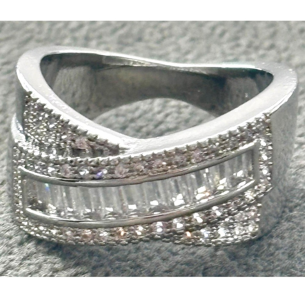Ring Silver Tone Cubic Zirconia Baguette Crossover Statement Style New 7
